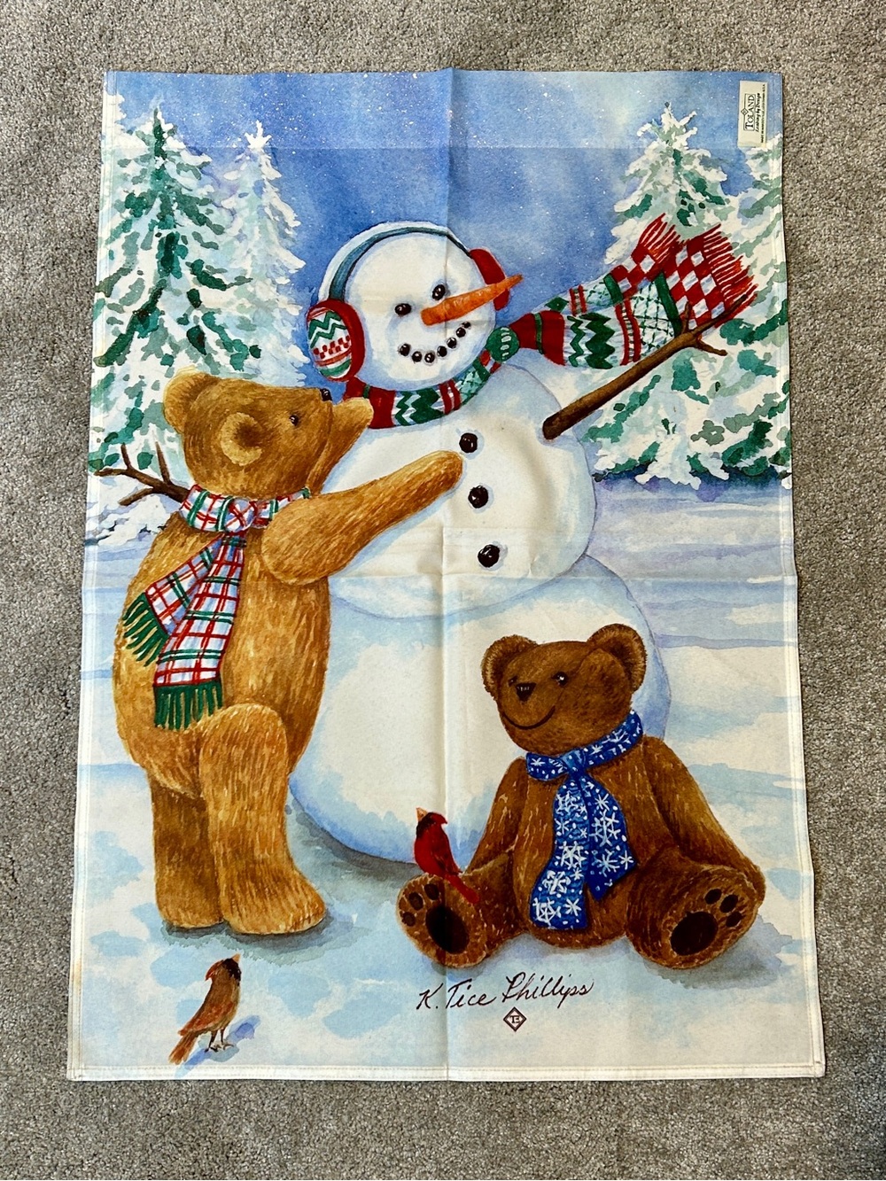 Vtg TOLAND House Flag Large House Banner Winter Teddy Bear Snowman 34"x23"